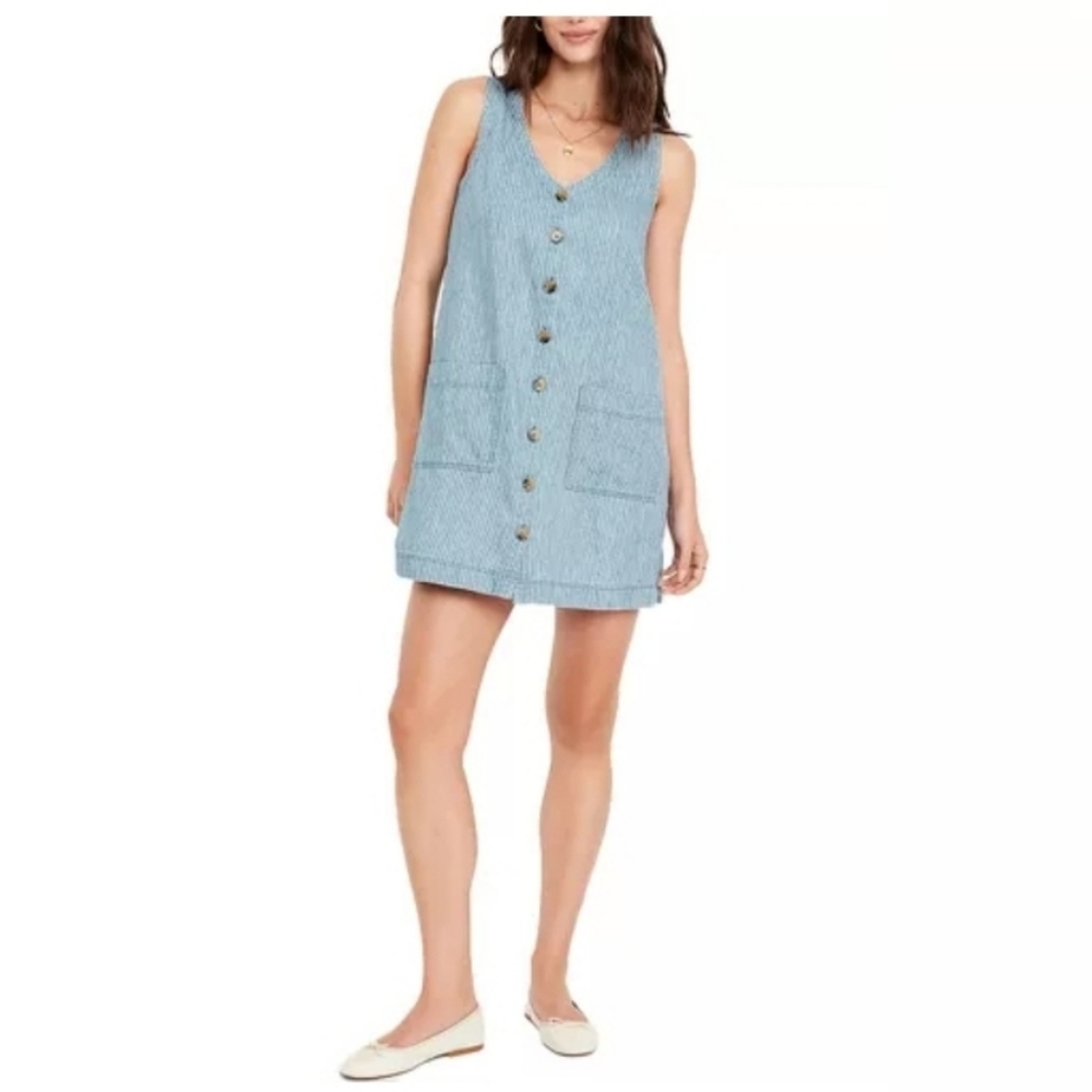 NWOT Old Navy Sleeveless Button Front Dress Blue Striped Cotton Pockets Size 2X